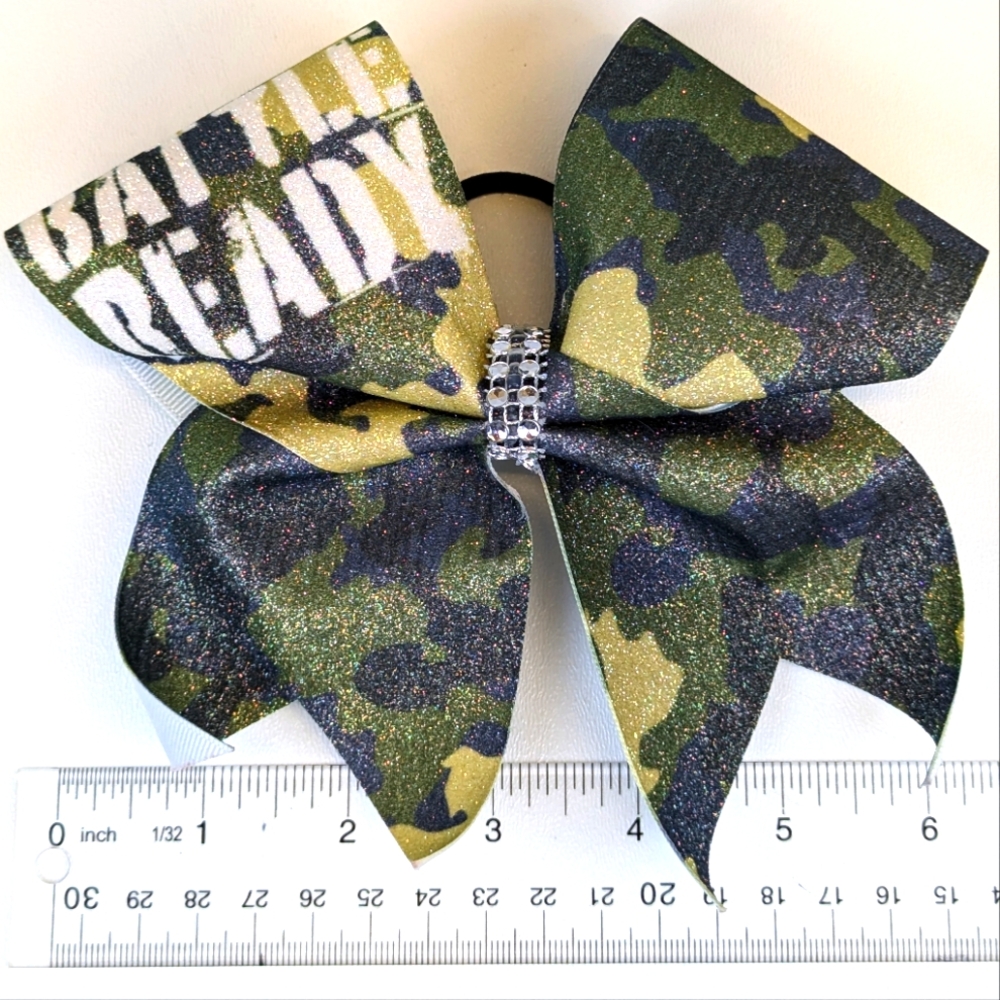 🎃 "Battle Ready" Camouflage Glittery Hair Bow Tie Handmade Army Mom - Picture 5 of 5